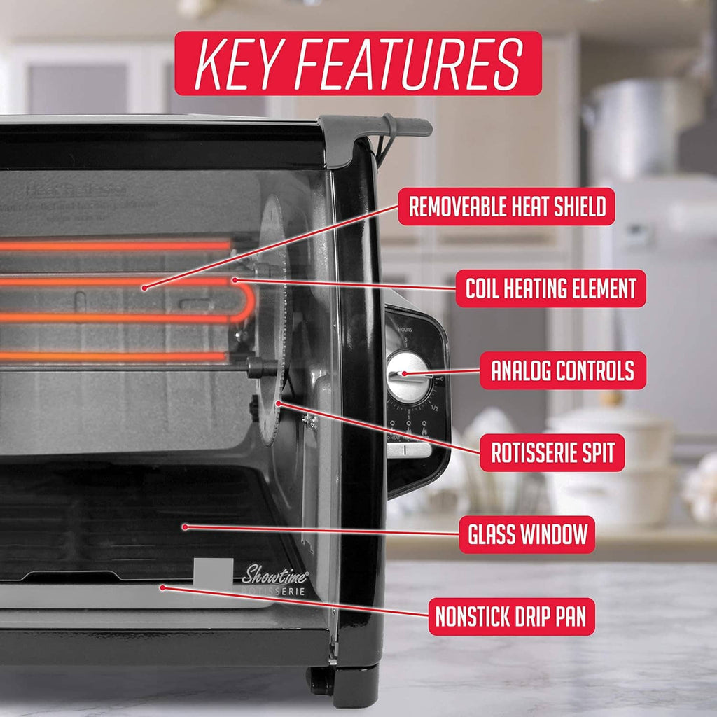 Countertop rotisserie oven with open front, glass window, heating element and drip pan