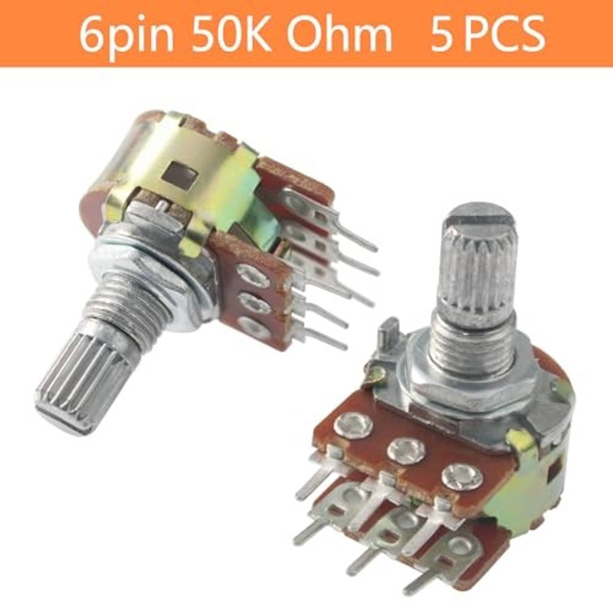 Dual 50K 6-pin potentiometer close-up, metal shaft with PCB pin header