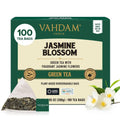 VAHDAM Jasmine Blossom green tea box with 100 tea bags and jasmine blossoms