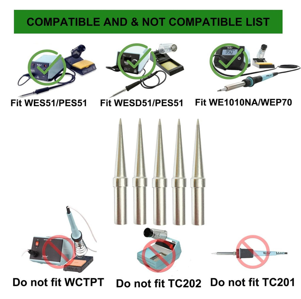 Assorted soldering iron tips bundle with compatibility icons and warning symbols