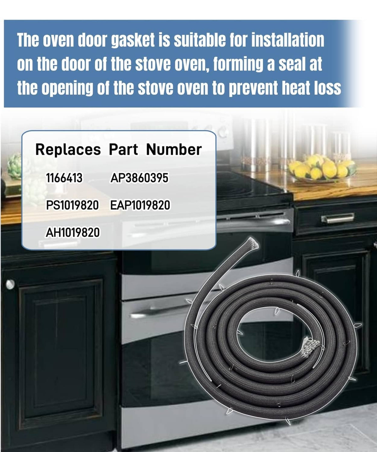 Black oven door gasket coil with mounting clips, shown by range door