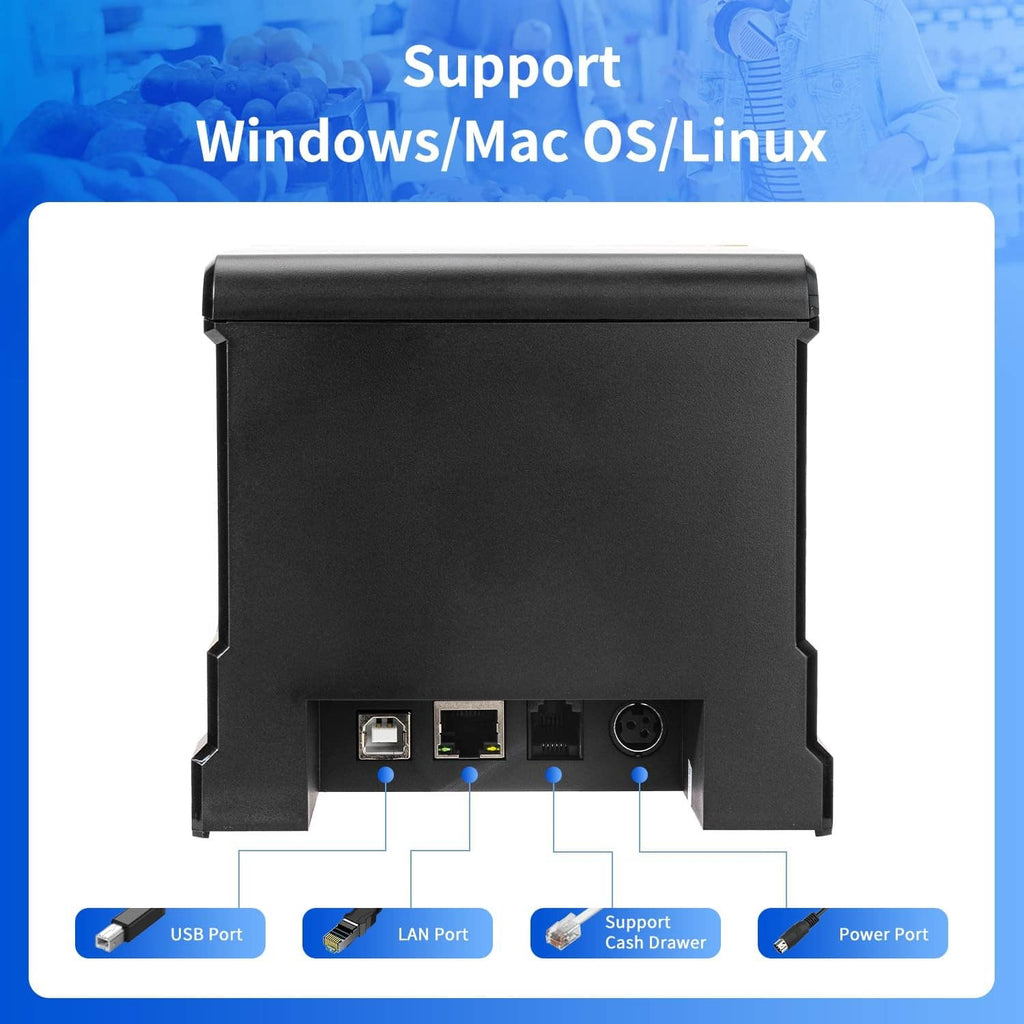 NetumScan black thermal receipt printer rear panel with USB and LAN port connections