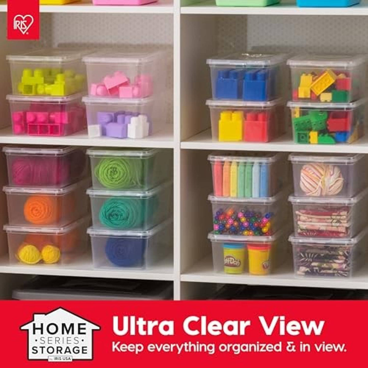 Clear storage bins with snap lids, storing colorful craft and fabric items