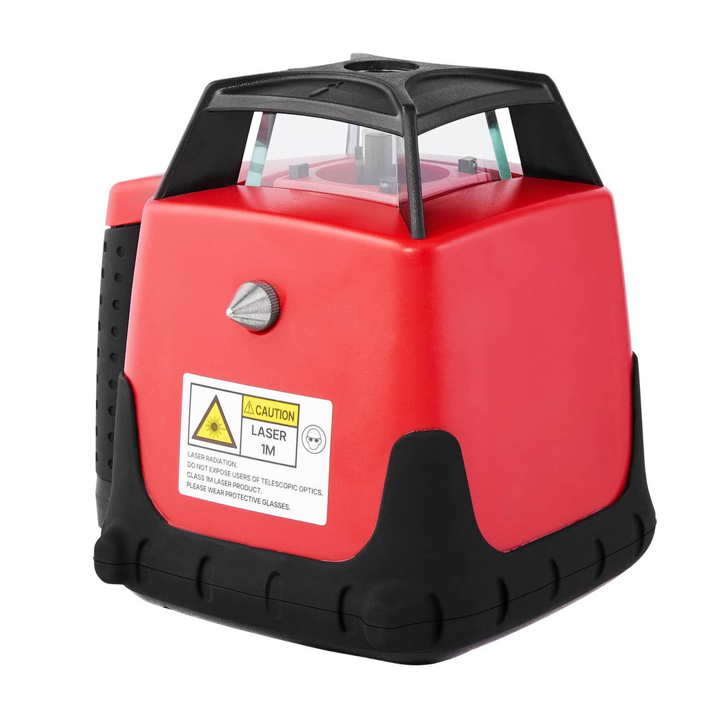 Red and black rotary laser level showing side housing and caution label
