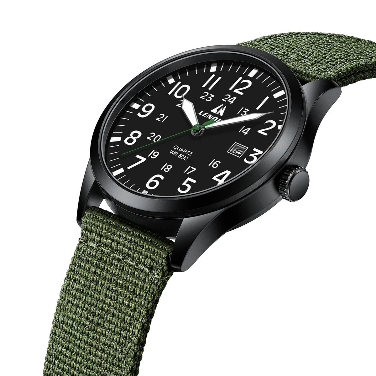 Men's military sport analog watch with black bezel, black dial, and green woven fabric strap