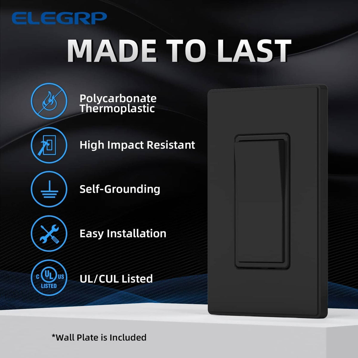 Matte black wall switch with rectangular rocker, single pole design
