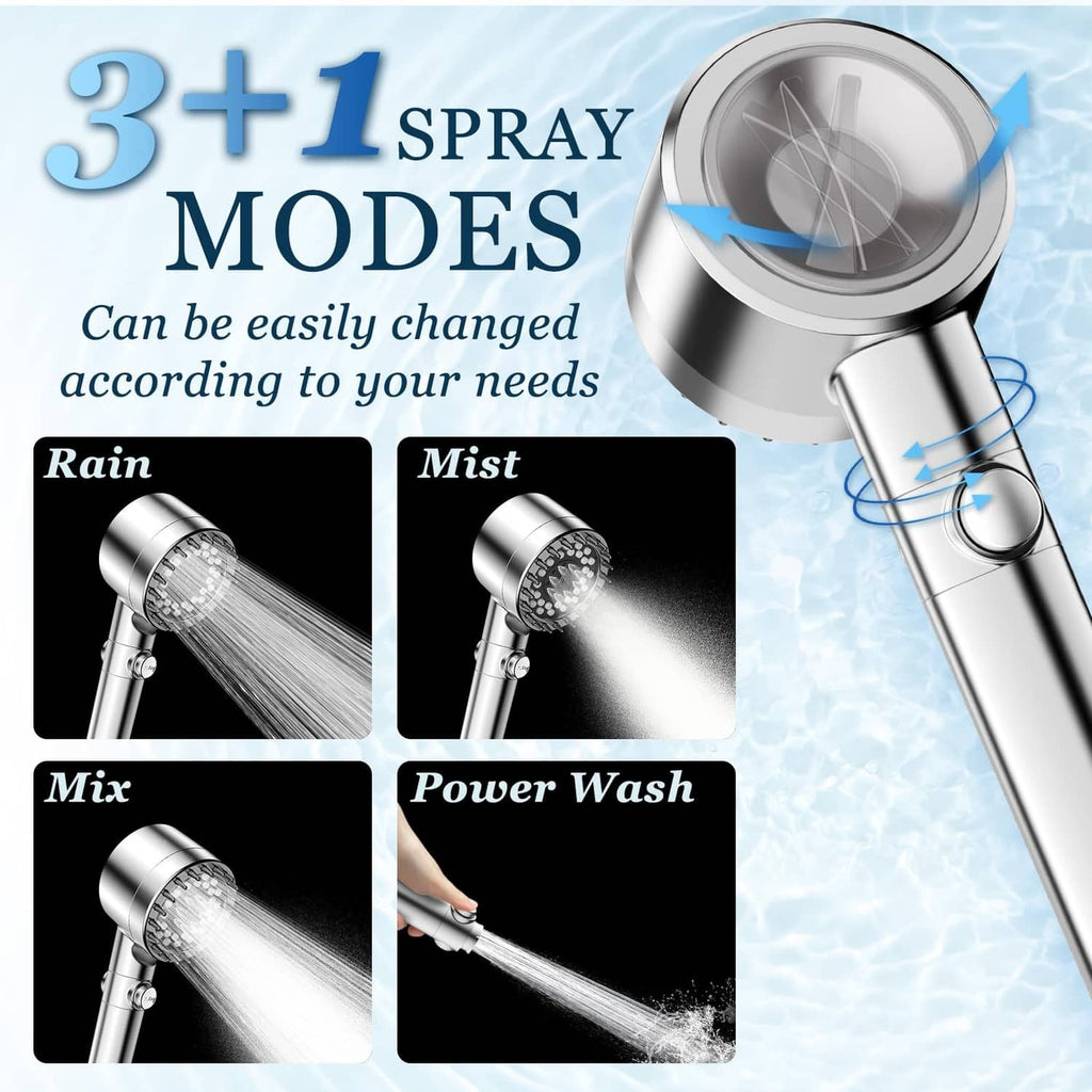 Chrome handheld shower head showing 3+1 spray modes on the control dial