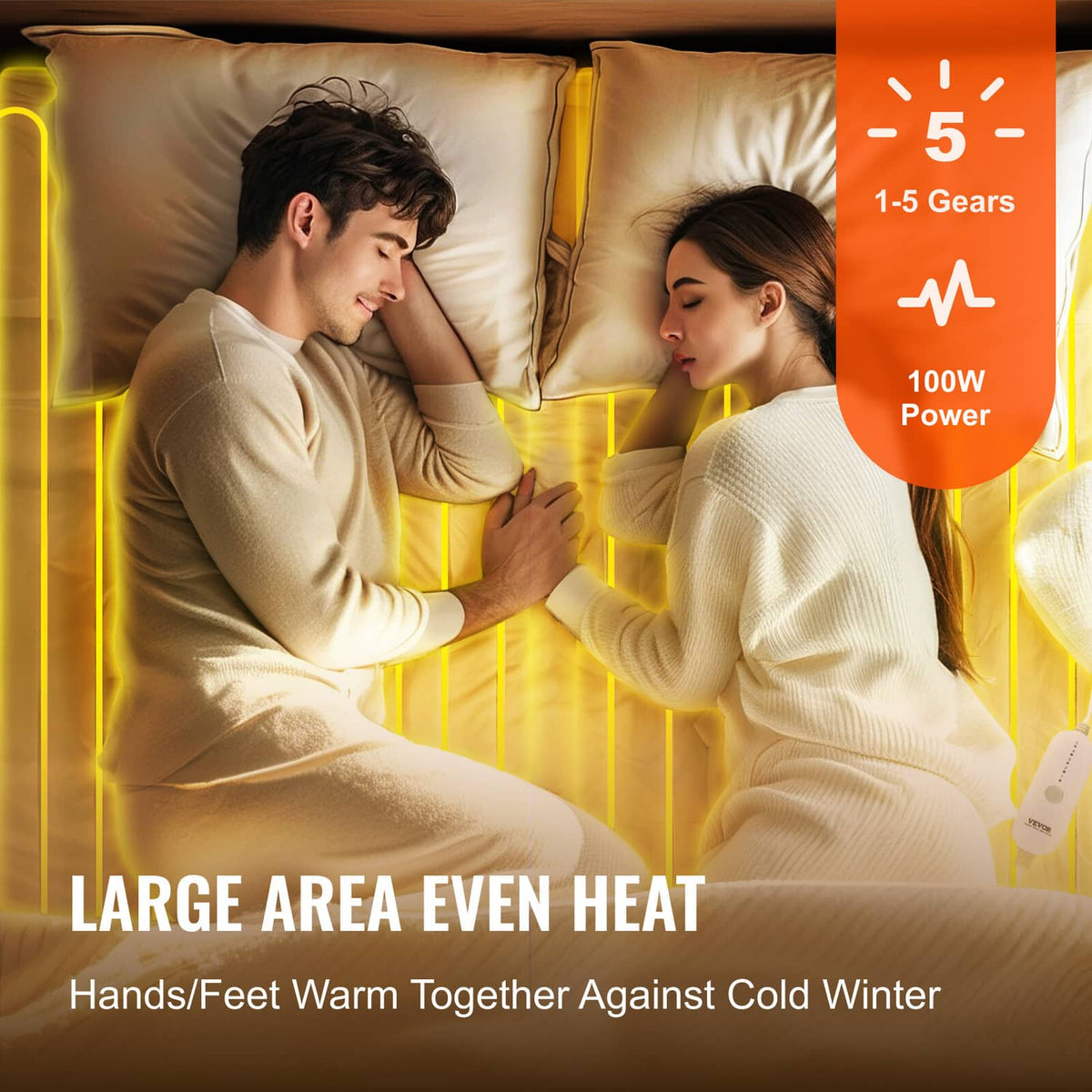 Heated mattress pad on bed with electric controller cord at side