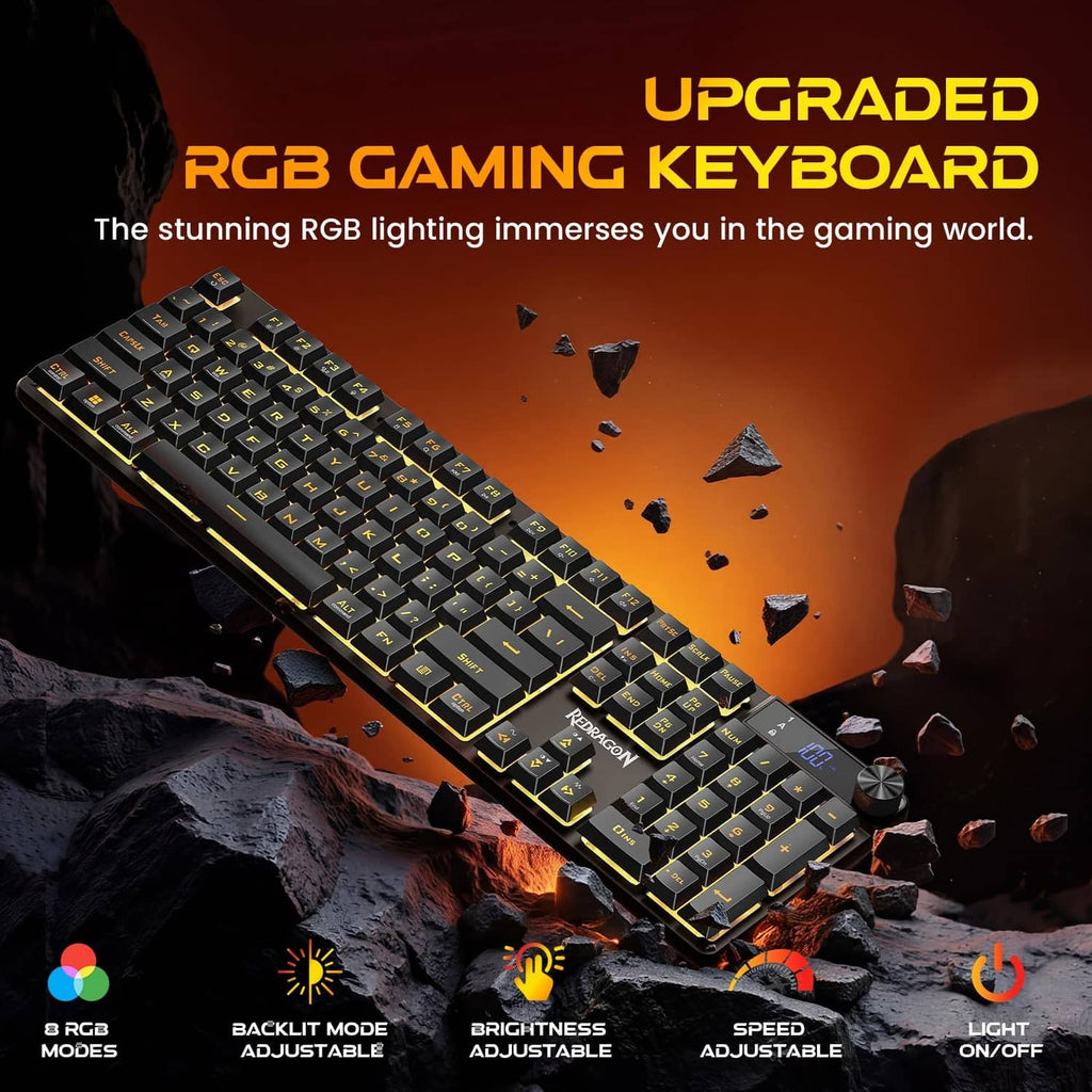 Redragon K521 Pro RGB gaming keyboard with yellow accent lettering on dark keys