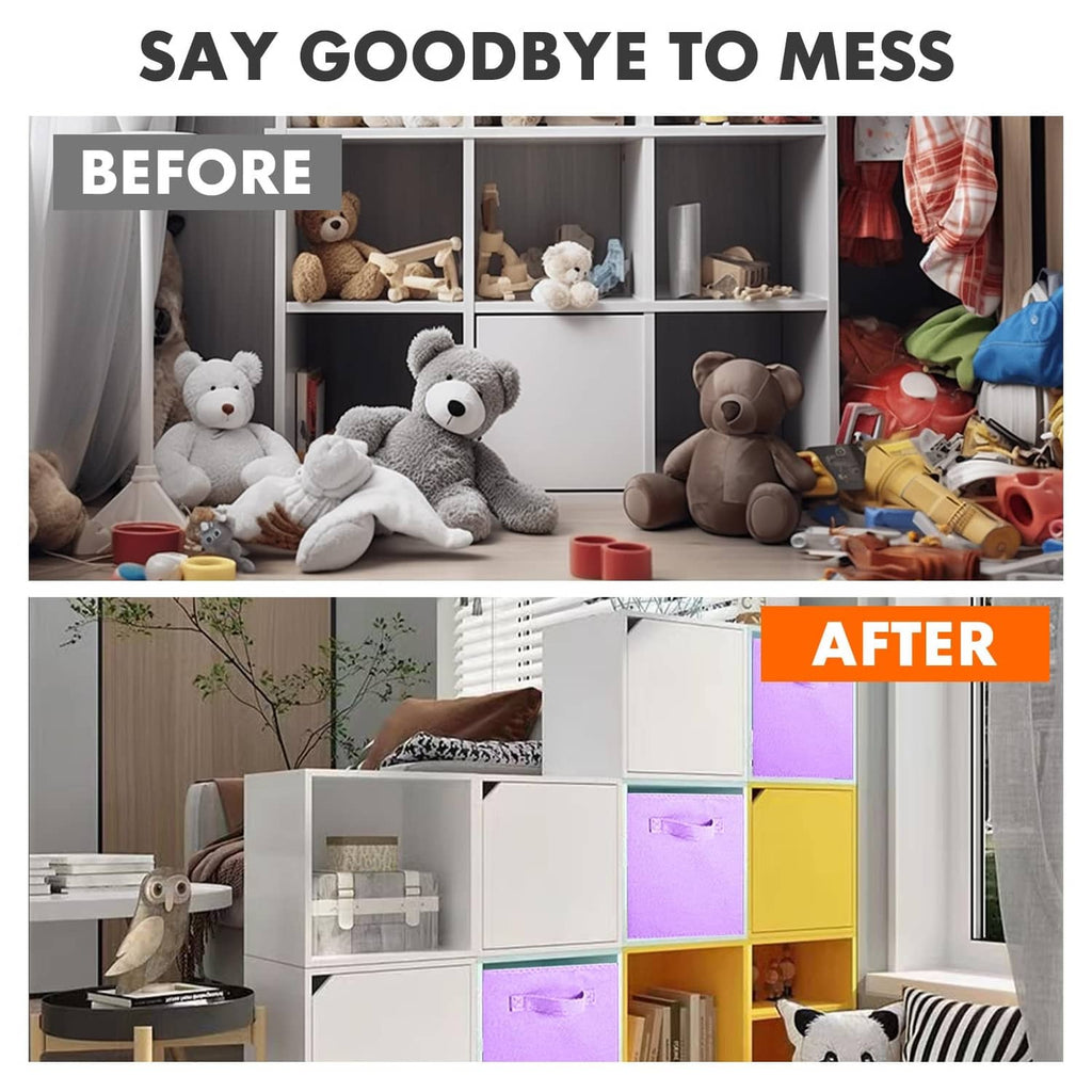 Lavender fabric storage cube bins with pull handles in a tidy after-setup display