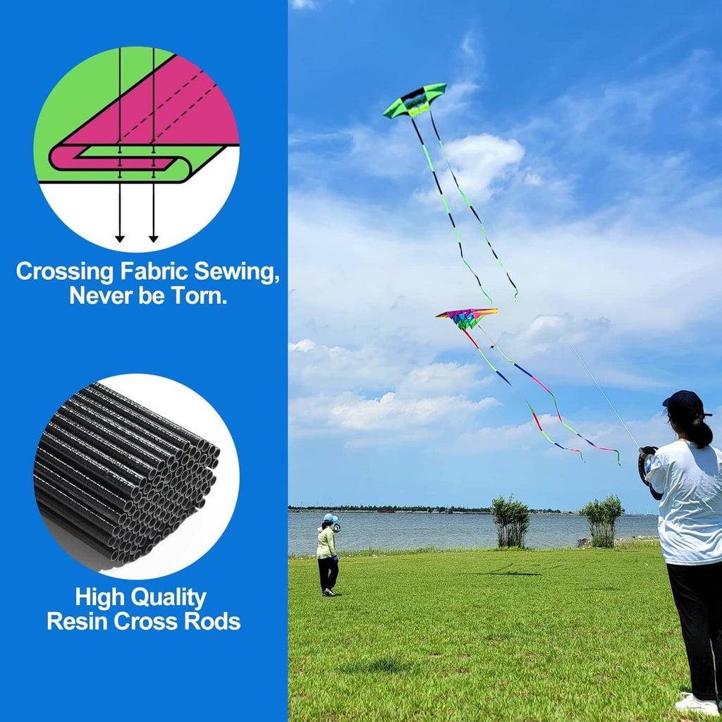 Rainbow beach kite with long tails in flight, held on a line spool