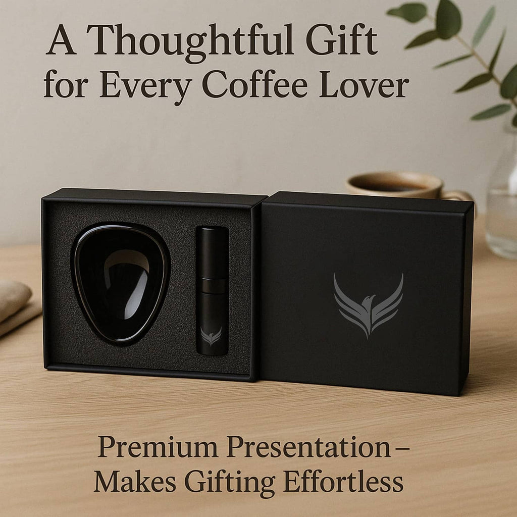 Black gift box set with coffee dosing cup and RDT sprayer inside