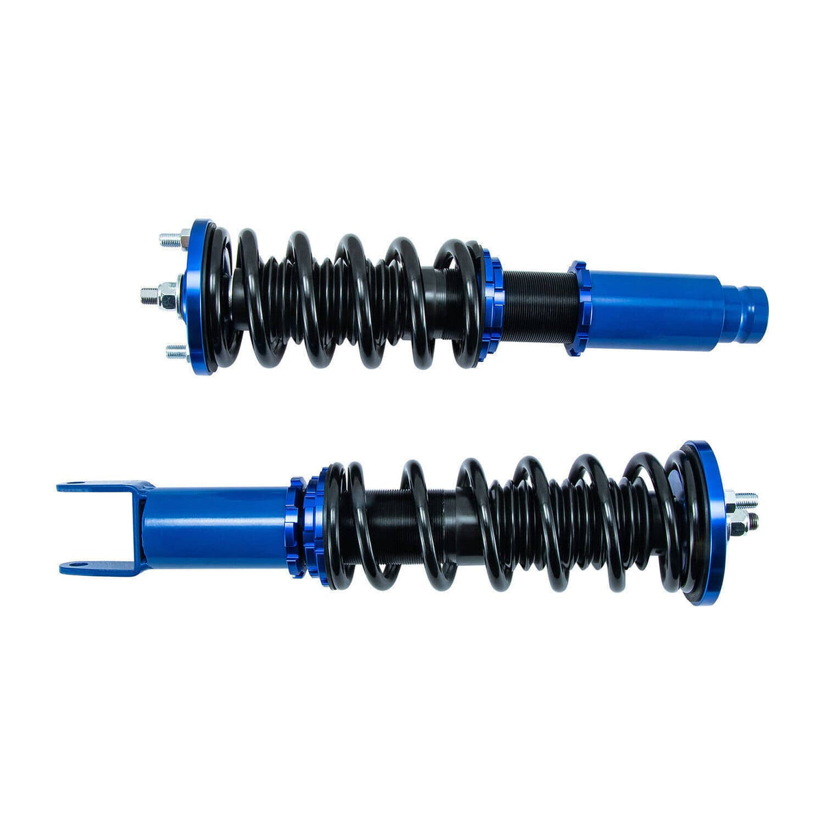 Pair of coilover suspension struts with black springs and blue shock housings