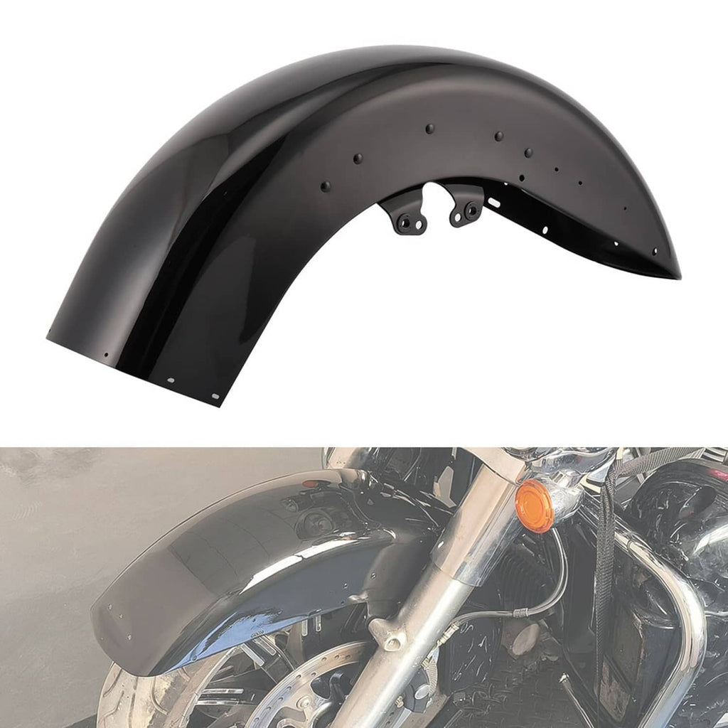 Front motorcycle wrap fender in glossy black with drilled mounting holes and bracket