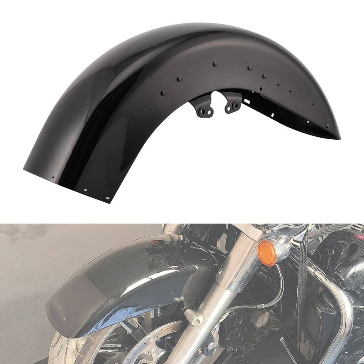 Front motorcycle wrap fender in glossy black with drilled mounting holes and bracket