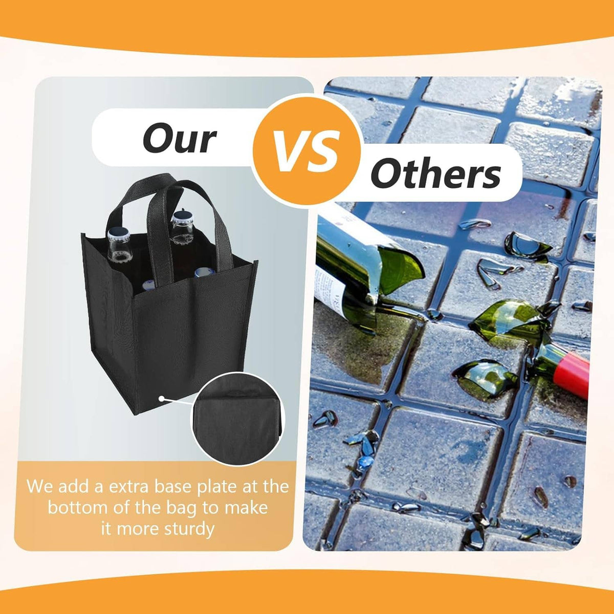 Black 4-bottle wine tote bag with handles and bottle slots, shown for comparison