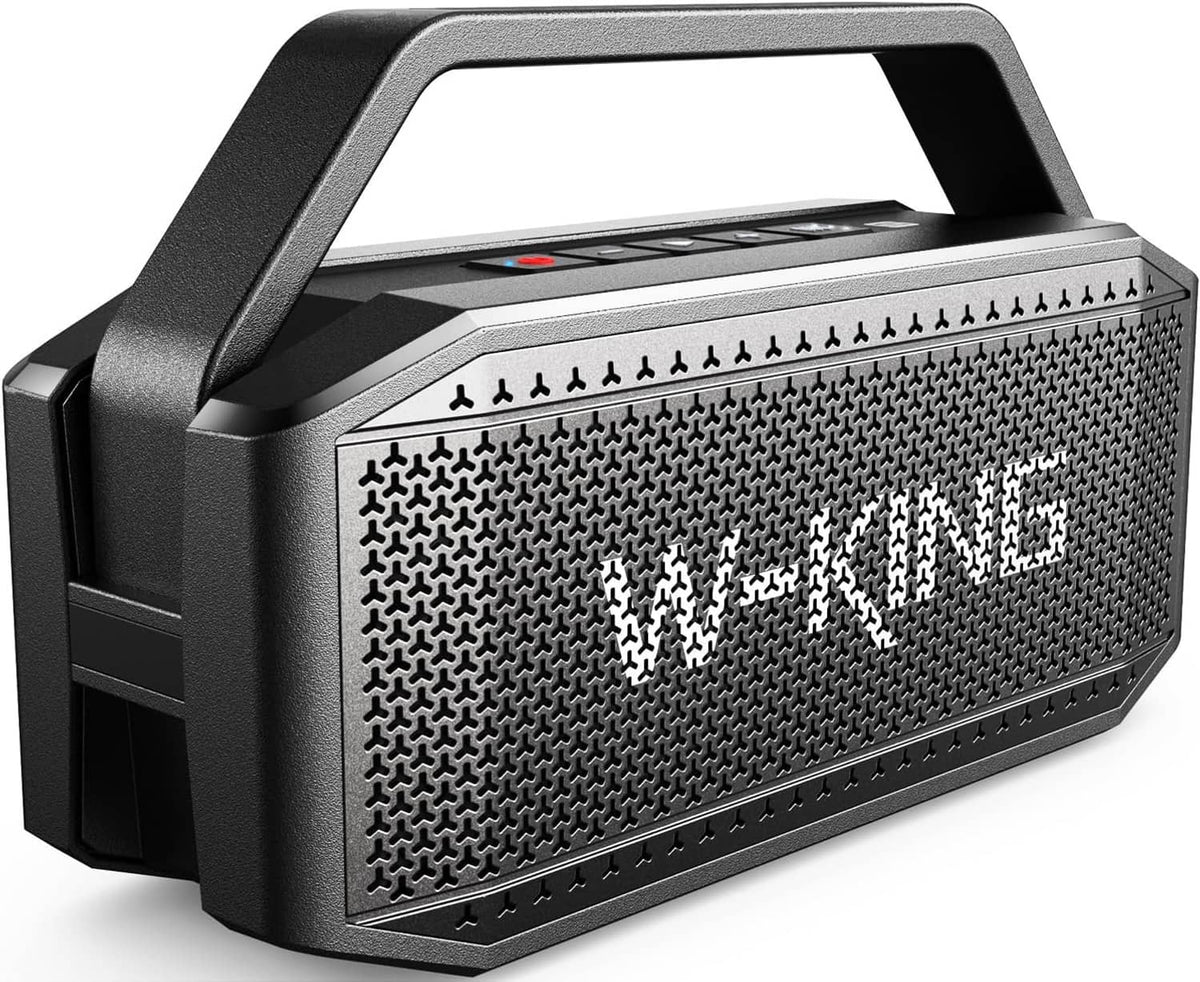 Black portable Bluetooth speaker, front grille and side control area in view