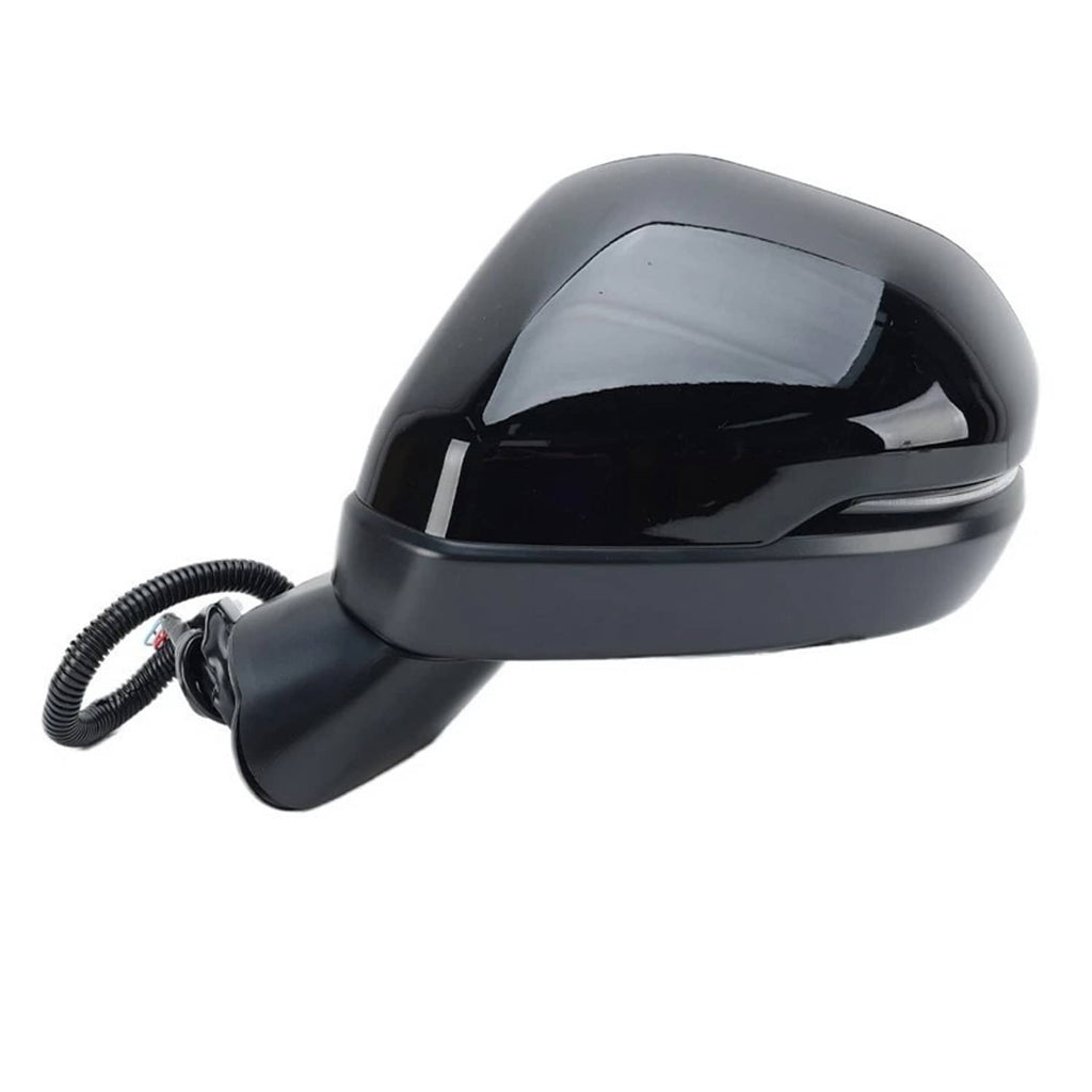 Side mirror with glossy black housing, tinted lens, and cable connection at base