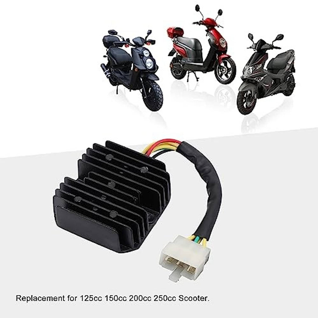 Black finned voltage regulator rectifier with white 6-pin plug and cable lead