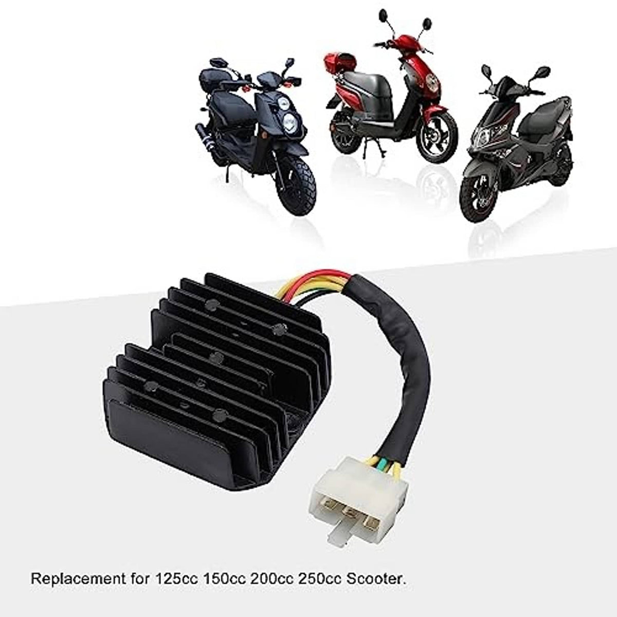 Black finned voltage regulator rectifier with white 6-pin plug and cable lead