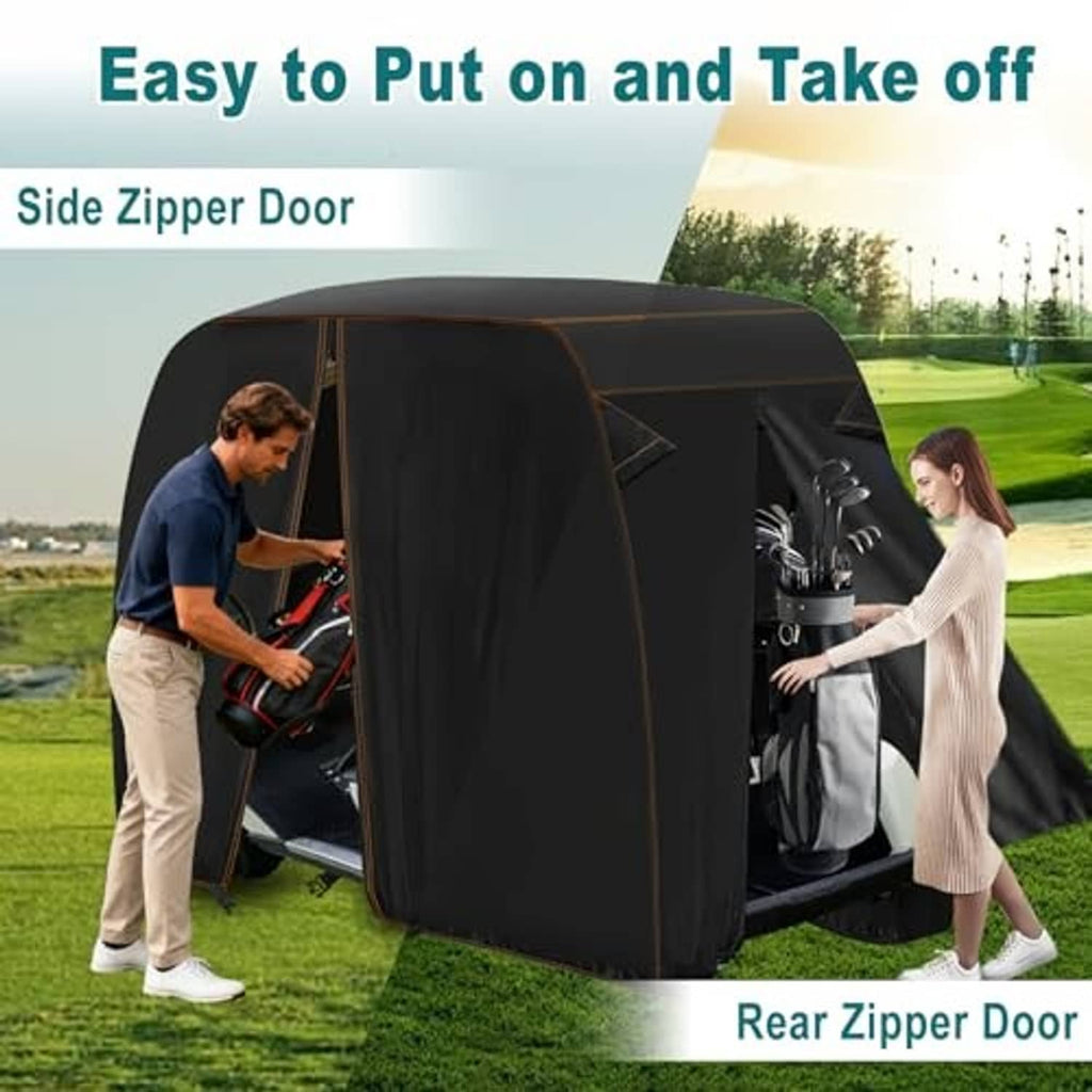 Black golf cart cover with side and rear zipper doors, shown being installed on cart
