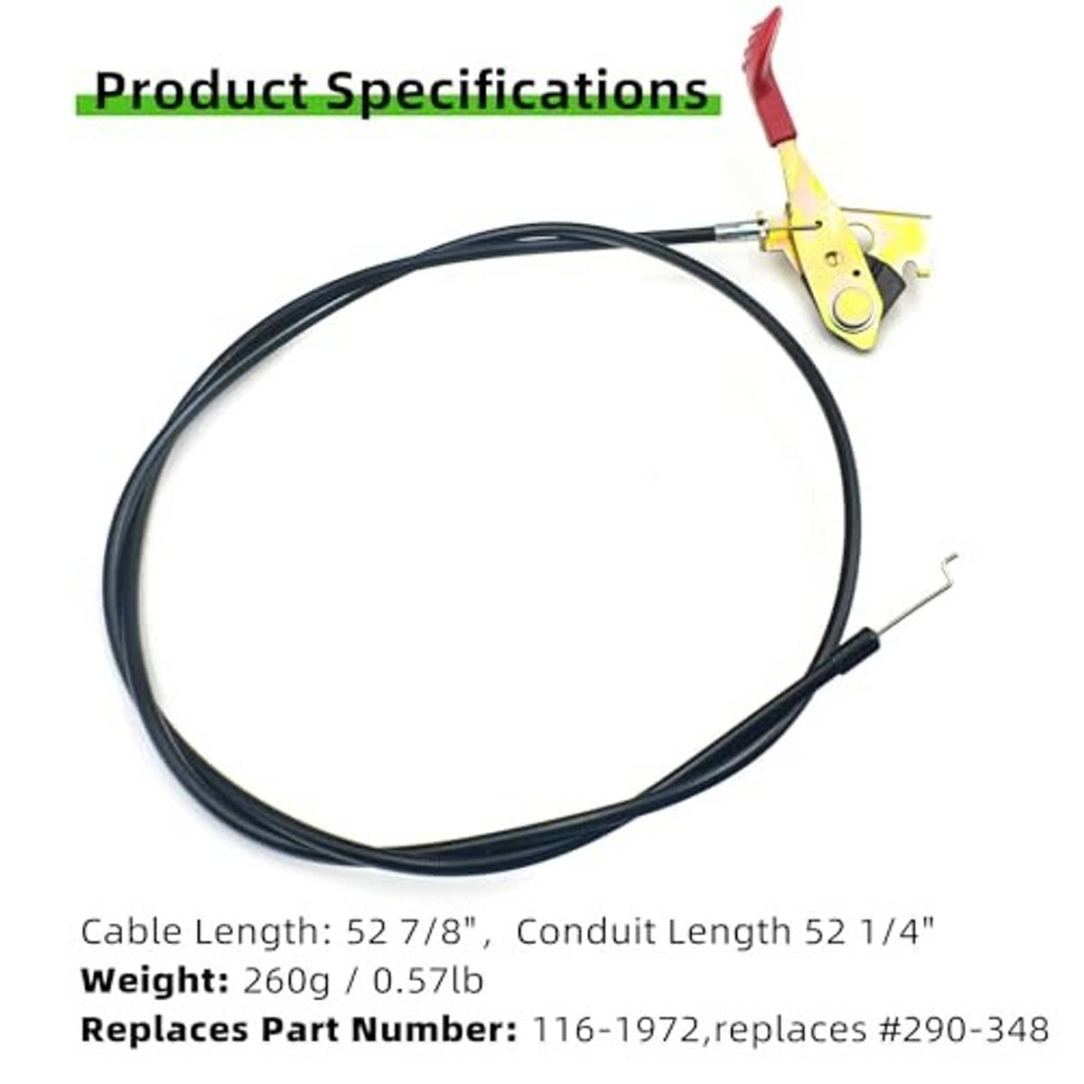 Throttle control cable assembly with yellow bracket, red lever, and black cable