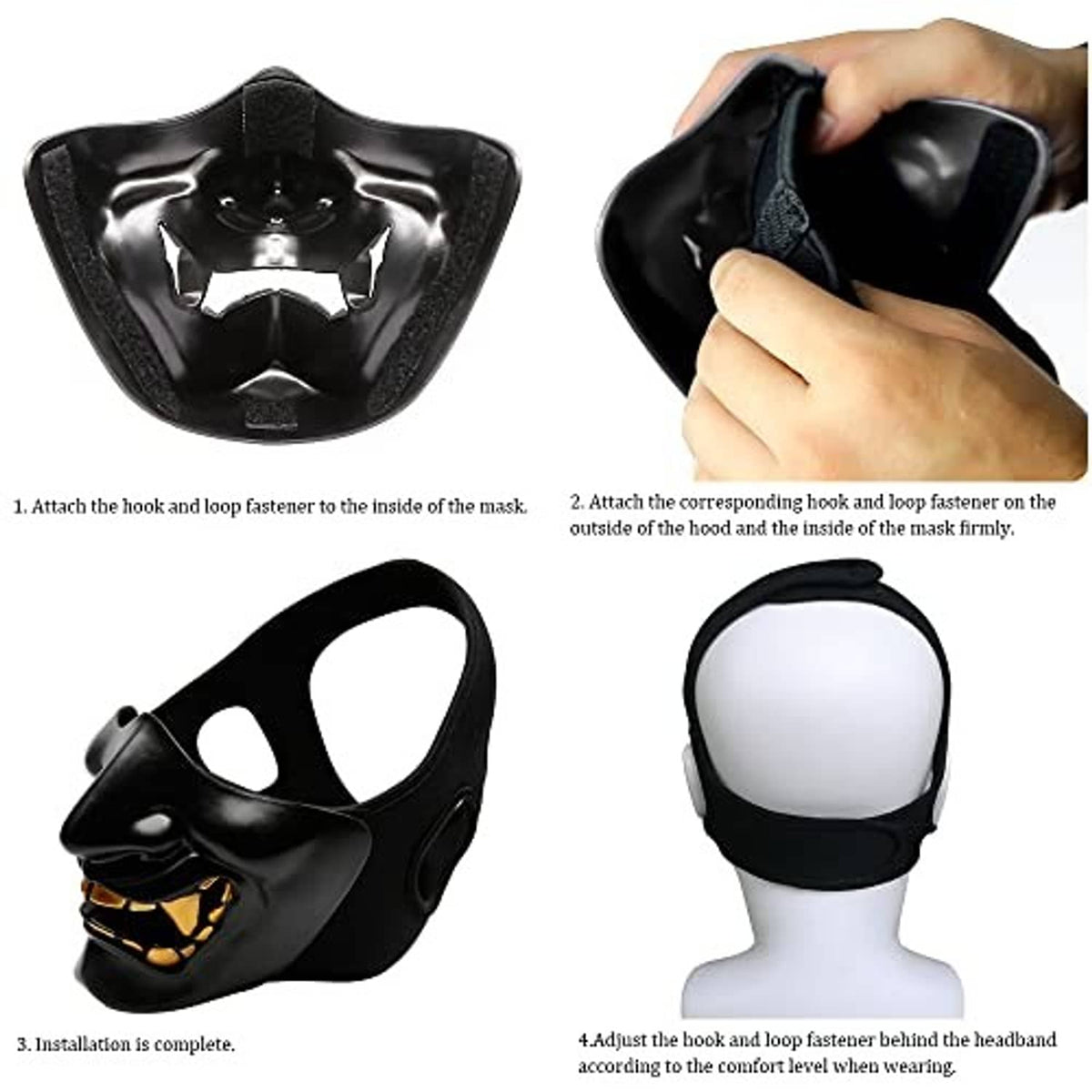 Black demon half-face mask with hook-and-loop fastener detail panels
