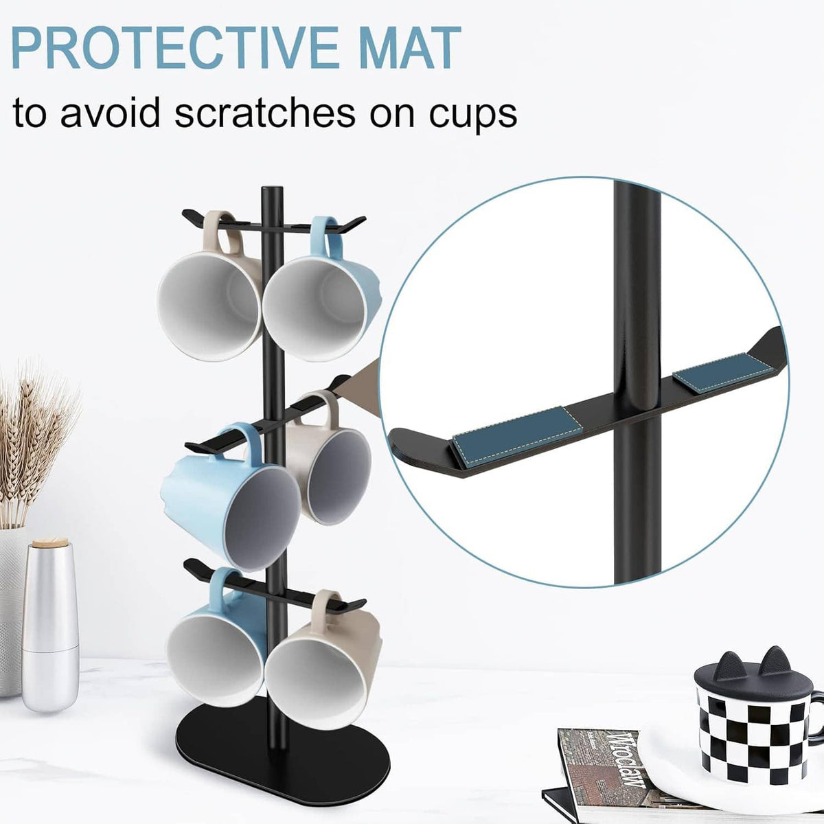 Metal mug rack stand with multiple hooks holding gray and light teal cups, black base