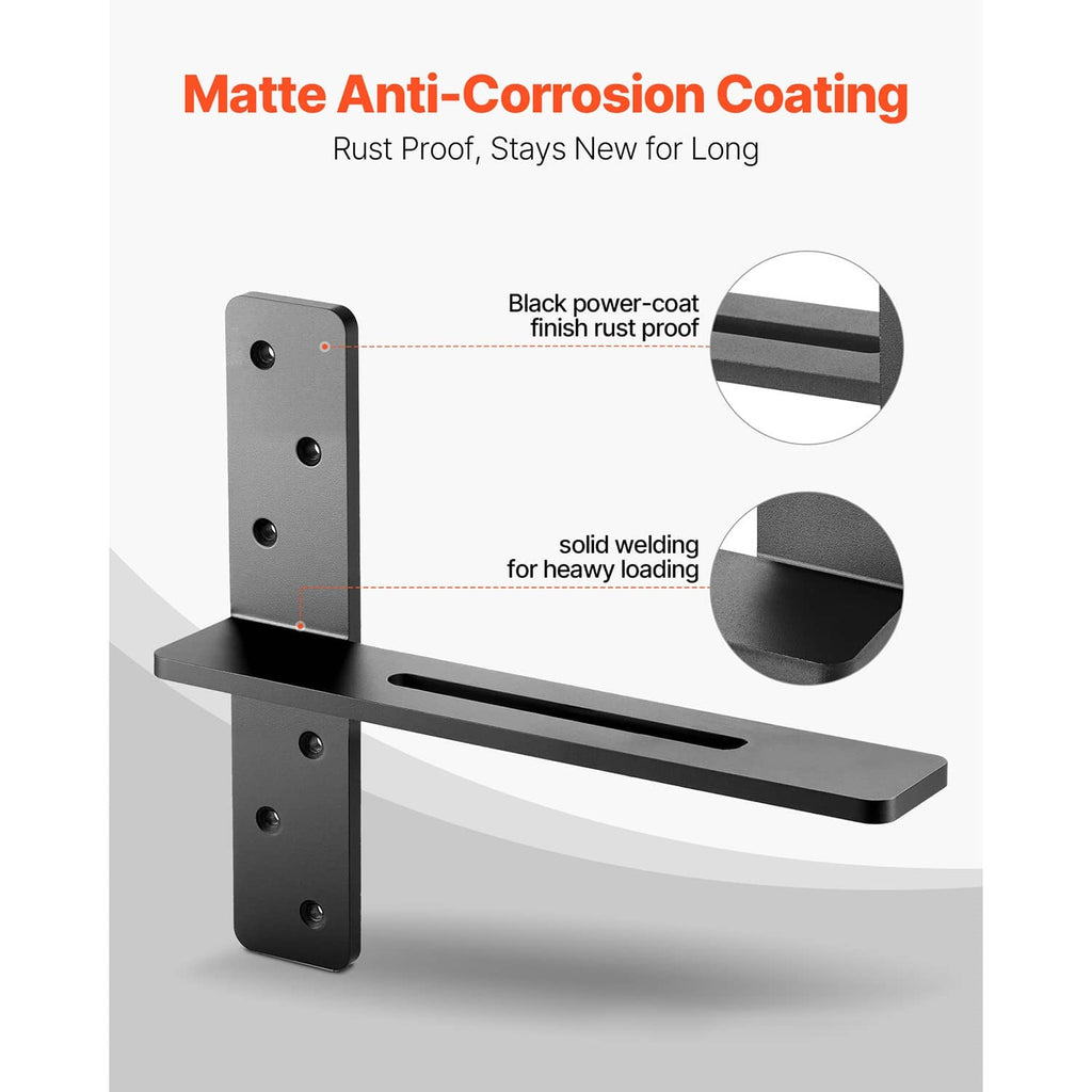 Matte black steel shelf bracket with matte finish, welded construction and mounting holes.