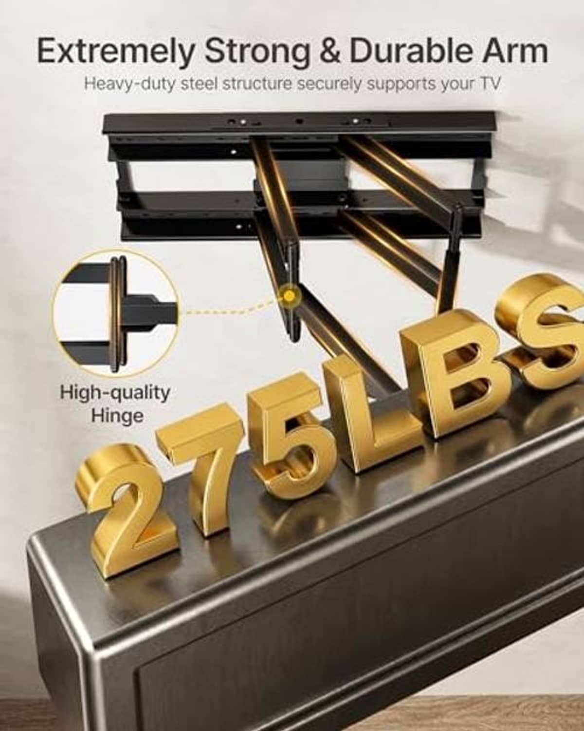 Heavy-duty TV wall mount steel hinge mechanism with sturdy black arm
