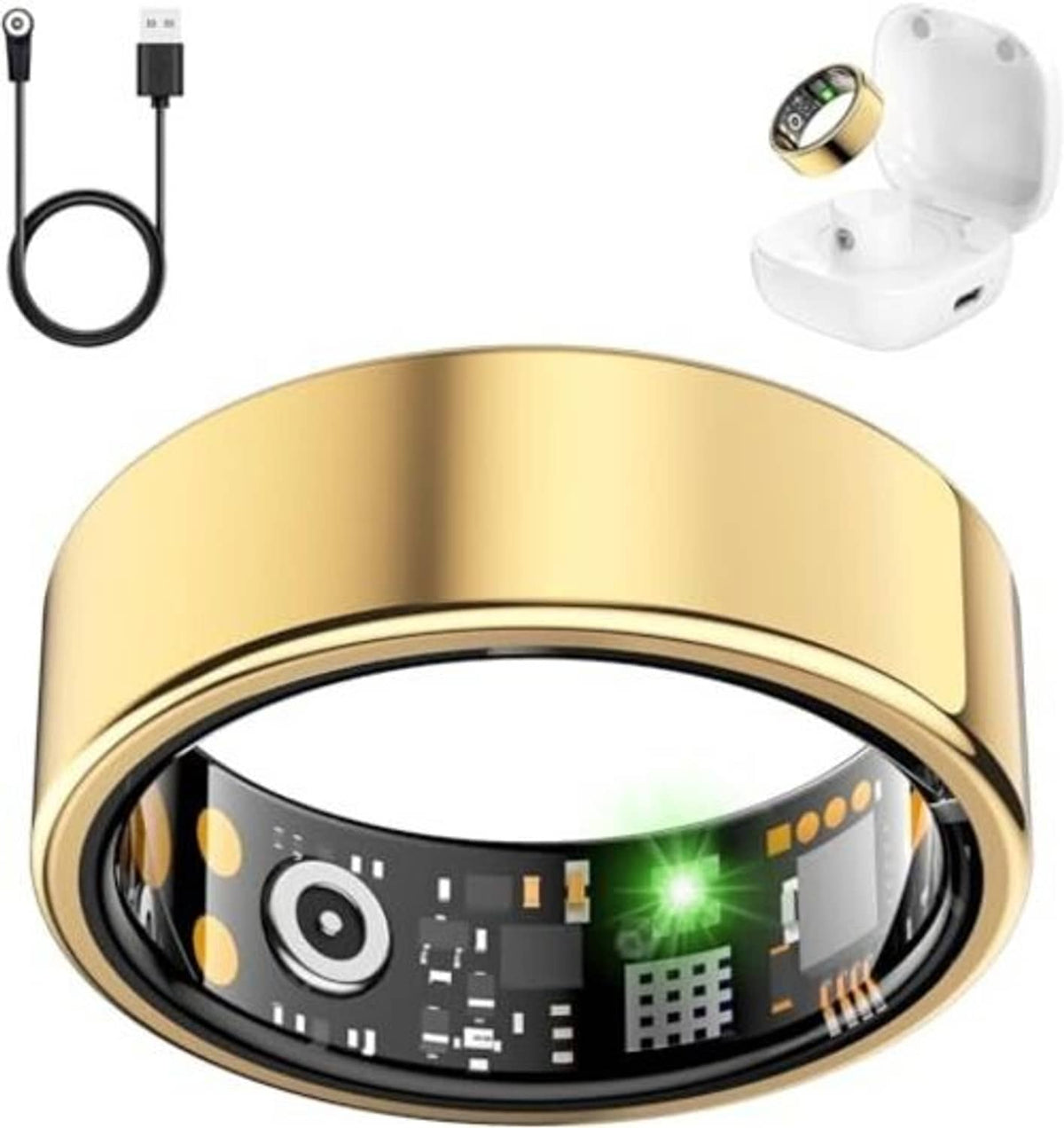 Gold smart health ring with black sensor display shown with white charging dock and cable