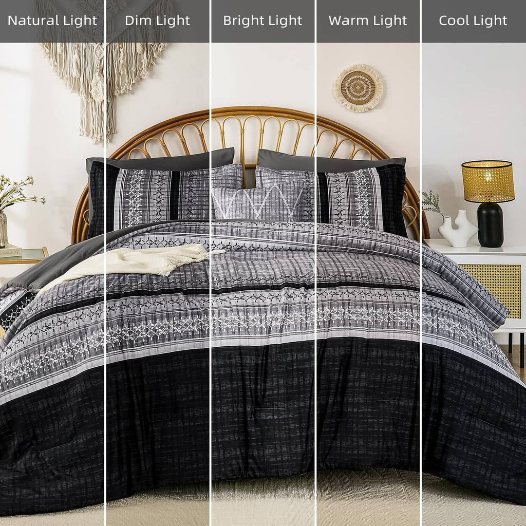 Black and gray comforter set with patterned duvet and matching pillowcases on bed