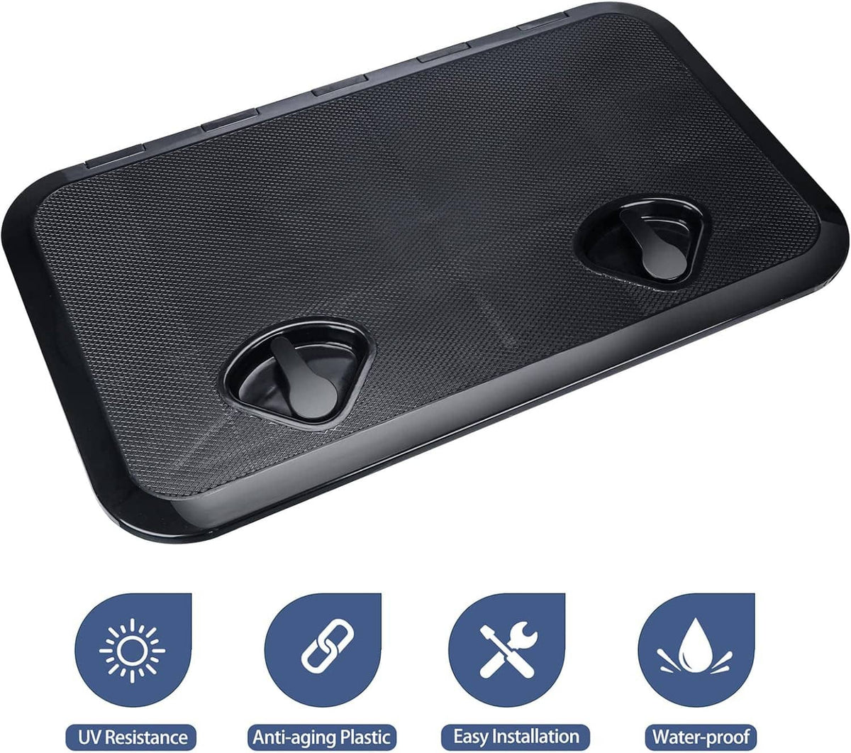 Black textured marine deck hatch cover with two recessed lifting handles