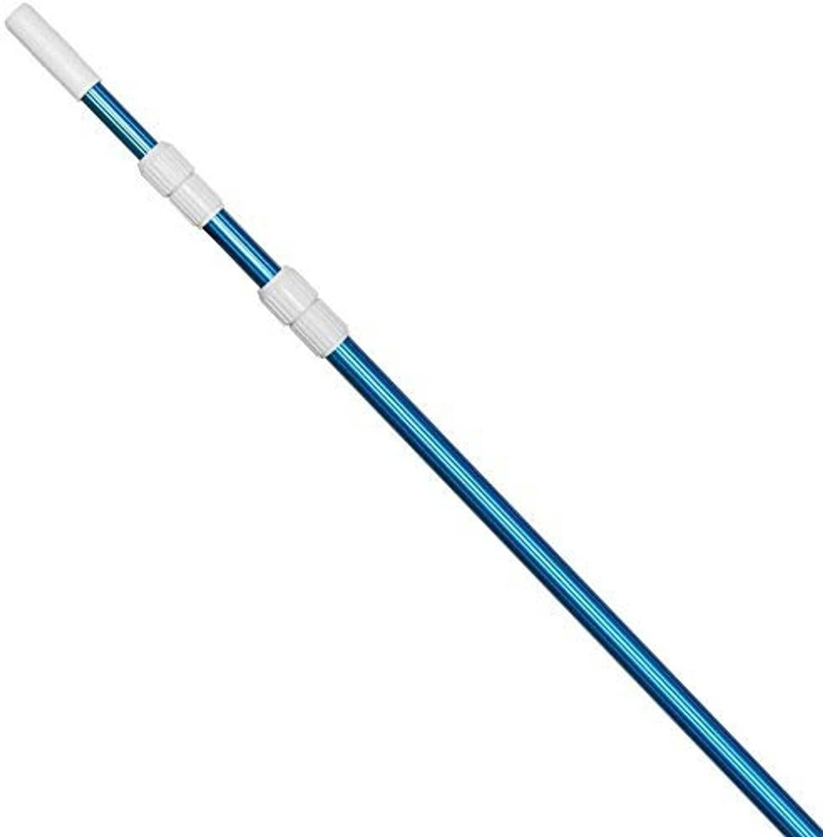 Blue telescopic pool pole with white ribbed connectors and locking collar