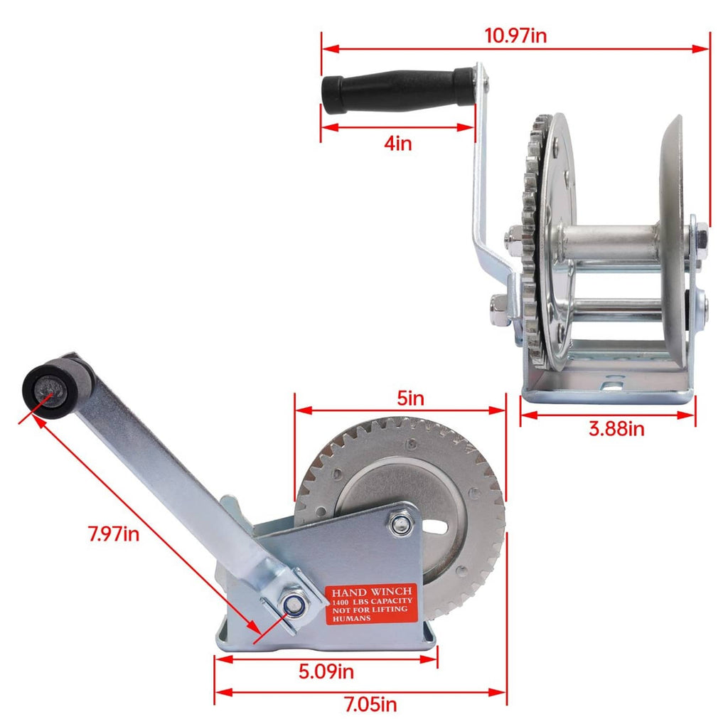 Horizontal hand winch with ratchet gear, black crank handle, and mounting base