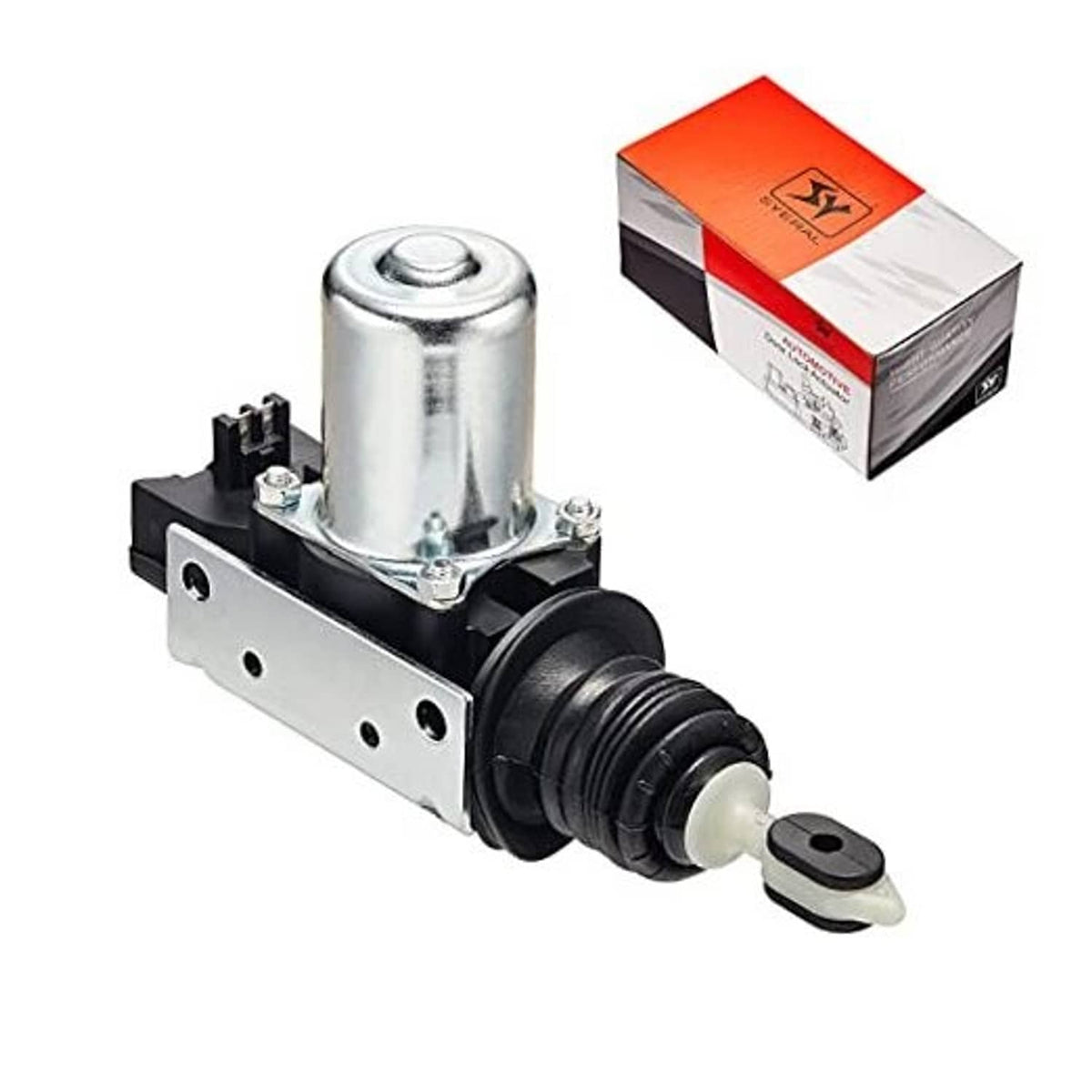 Power door lock actuator with metal cylinder, black housing, and rod key