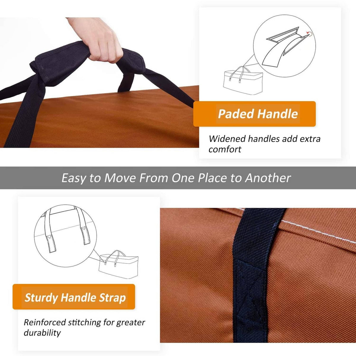 Brown cushion storage bag with padded handle and sturdy reinforced strap