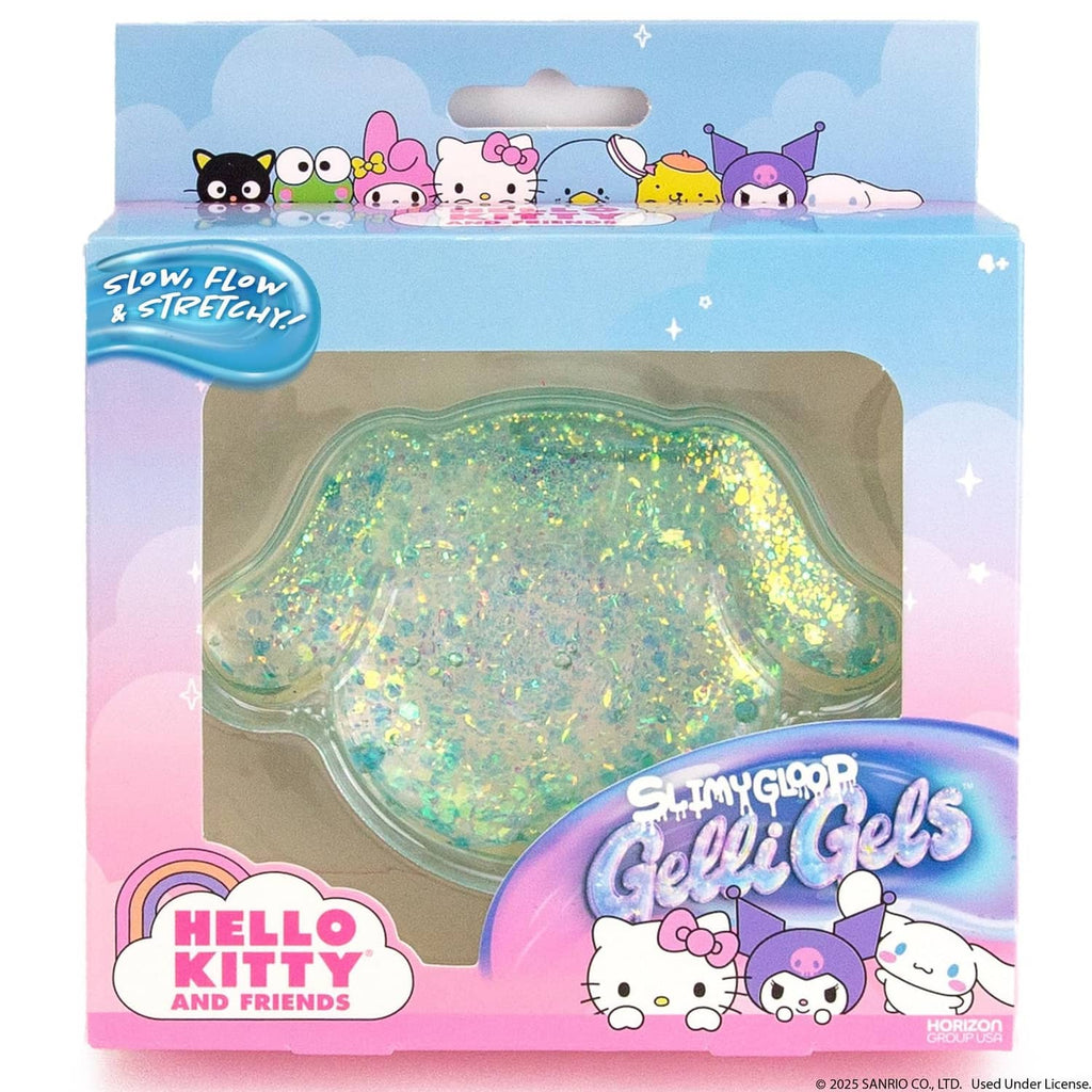 Hello Kitty and Friends glitter gel package with blue sparkly slime in tray