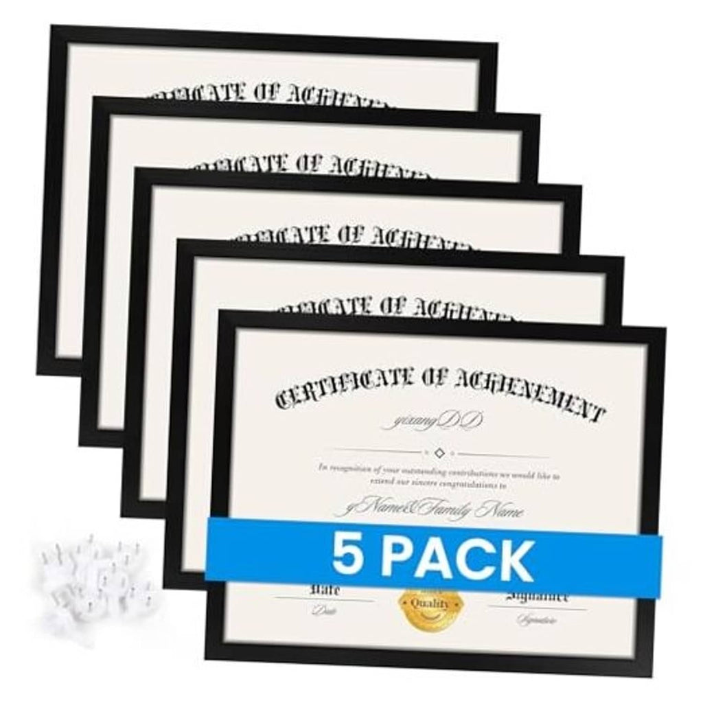 Set of five black certificate frames with certificate inserts, stacked in a row