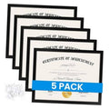 Set of five black certificate frames with certificate inserts, stacked in a row