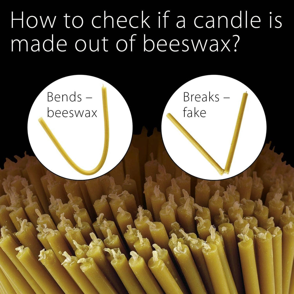 Close-up of beeswax taper candles with wax bend and break sample shown in circles.