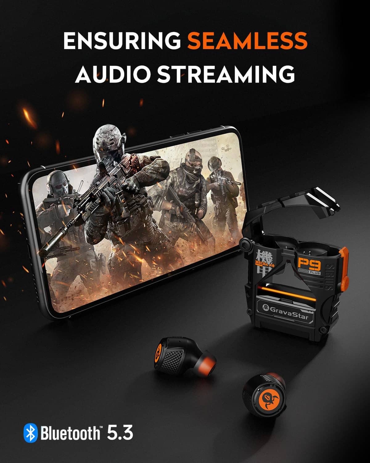 Black earbuds and charging case with orange accents, shown with smartphone
