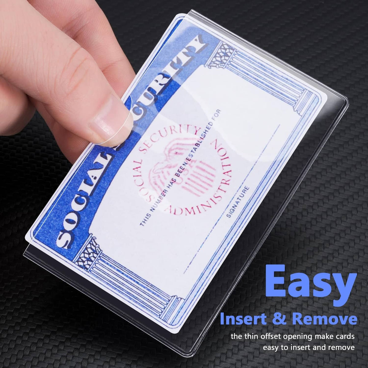 Social Security card in a clear protector sleeve with snap-on style open edge