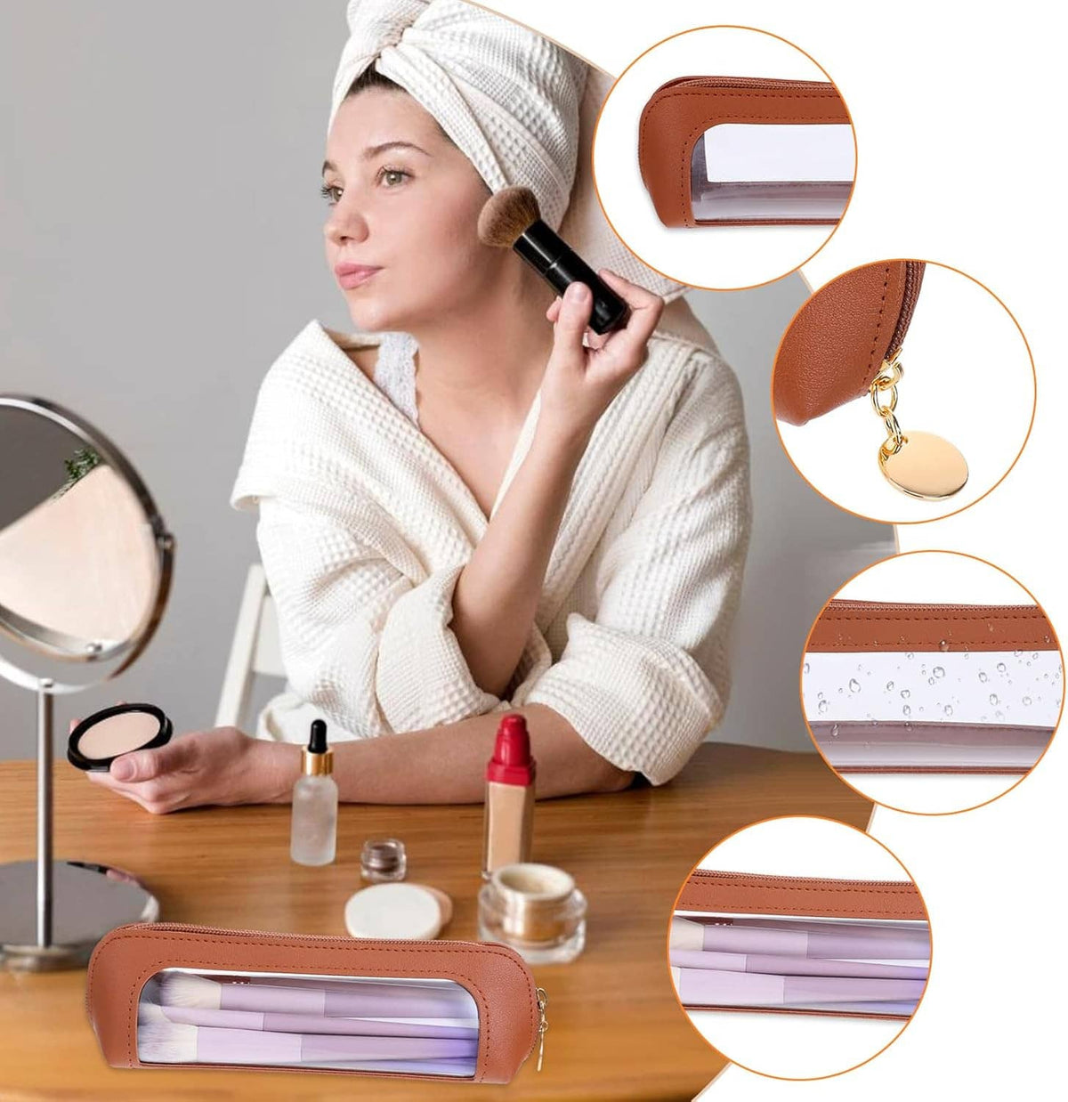 Clear makeup pouch with brown PU leather trim, zip top, see-through window