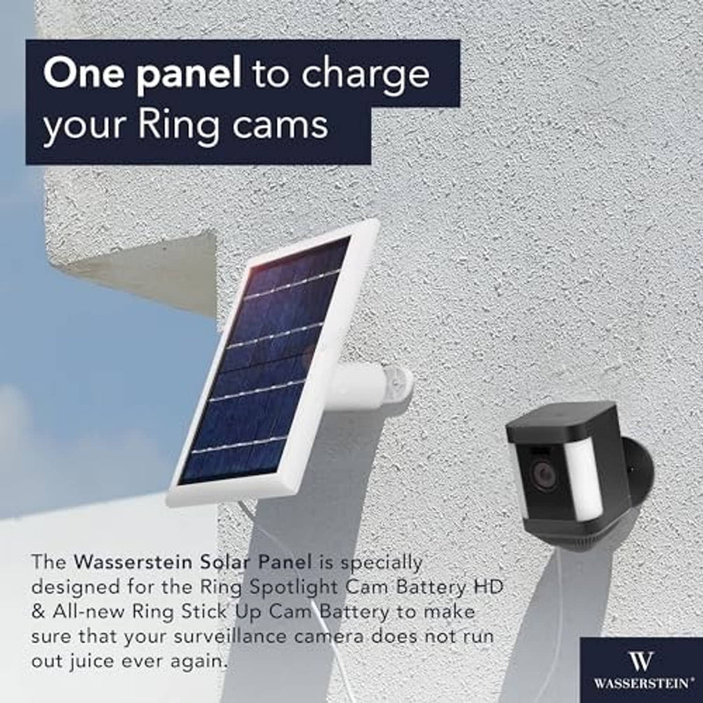 White solar panel with wall mount and charging cable, shown in outdoor setup