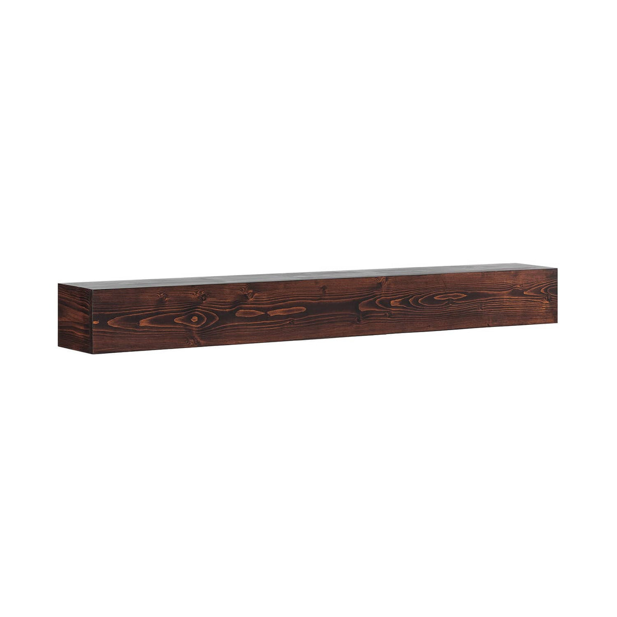 Rustic dark brown wood mantel shelf with raised edge and swirling wood-grain design