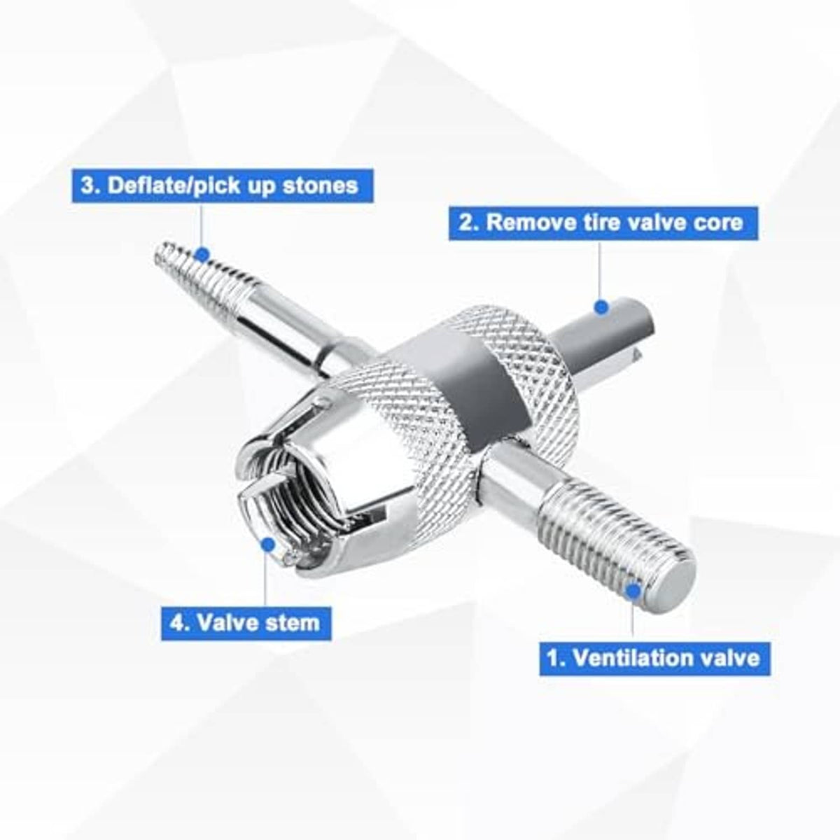 4-way tire valve tool with knurled grip and angled metal tips for core removal