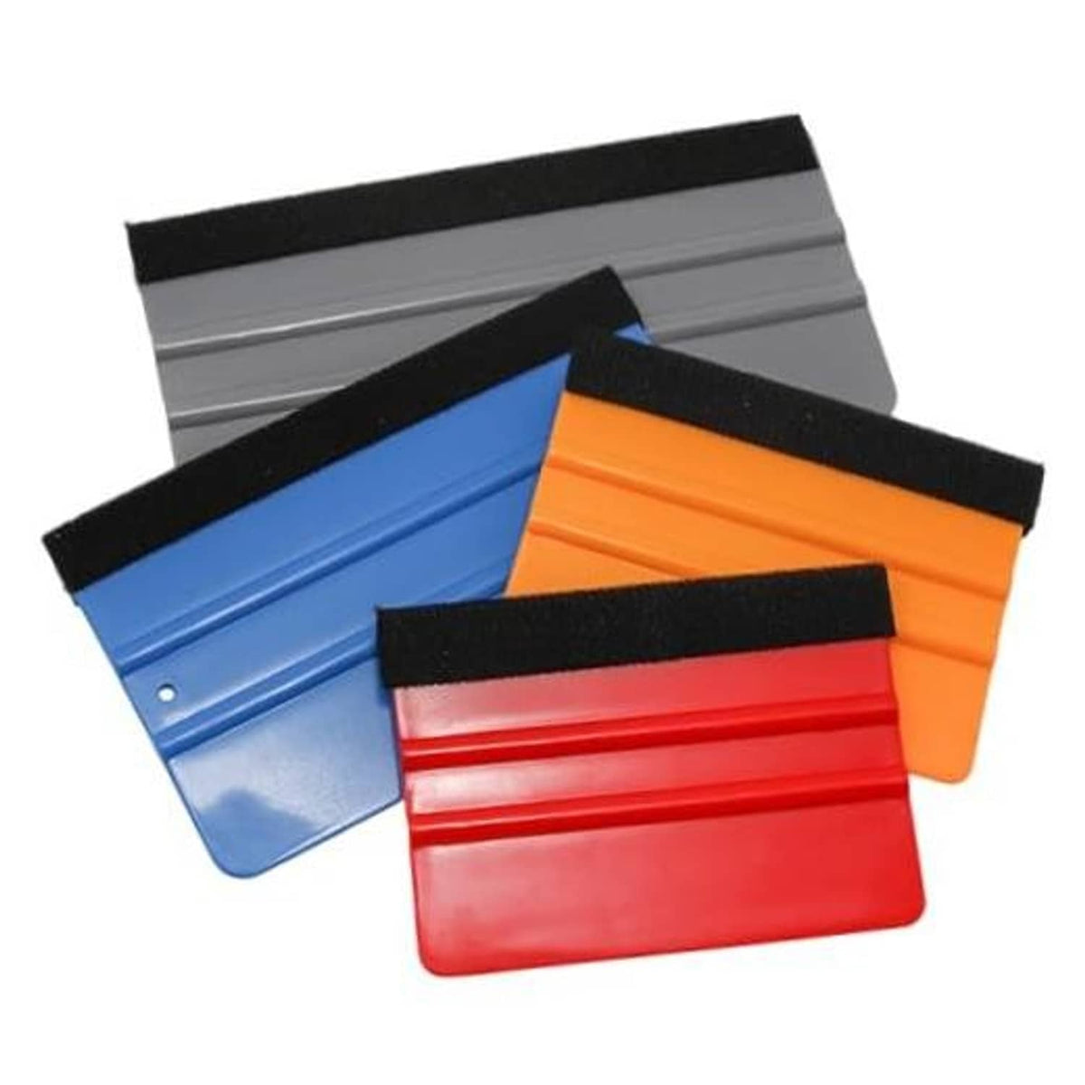 4-piece felt edge squeegee scraper set with black felt, blue, orange, and red tools