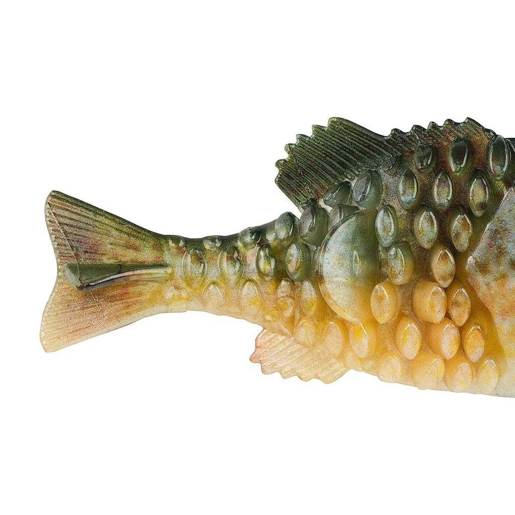 Green and yellow gilly-style soft plastic fishing lure with ribbed dorsal fin, curled tail