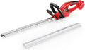 Red cordless hedge trimmer with long 22-inch cutting blade and rear handle grip
